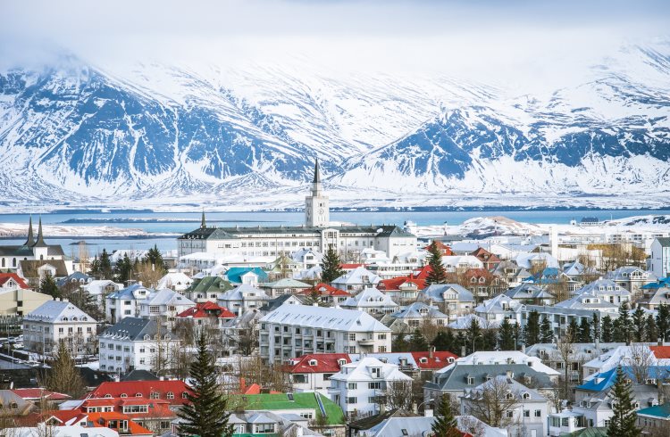 Reykjavik covered in snow as seen from above