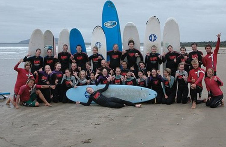 A group of surfer at a surf camp in New South Wales, Australia.