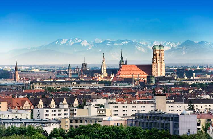 Munich, capital city of Germany's Free State of Bavaria, with The Alps visible in the background