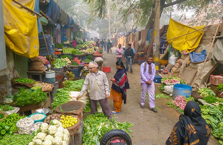 A busy open-air food market in India.