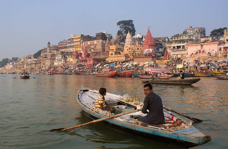 Rowboats on the river in Varanasi, India.