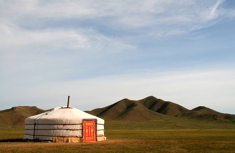 A traditional ger, or portable yurt, on the Mongolian steppe.