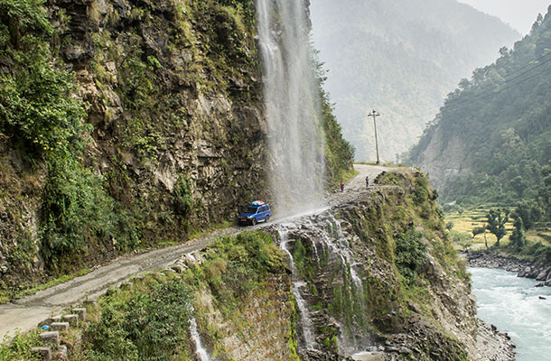 A treacherous road along a mountainside in Nepal