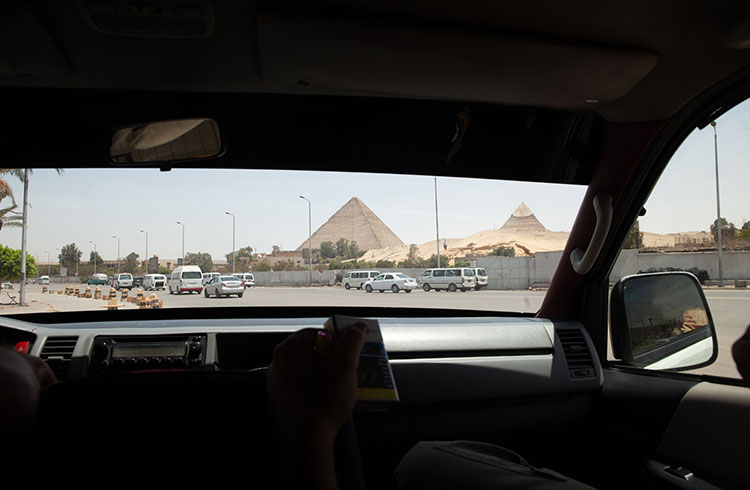 Arriving at the Pyramids of Giza car park.