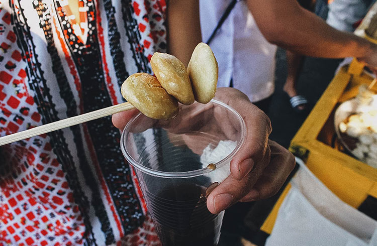 Fish balls, a common street food in the Philippines.