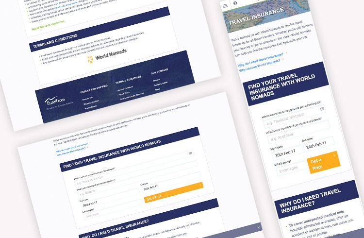 Screenshots of Eurails Travel Insurance landing page