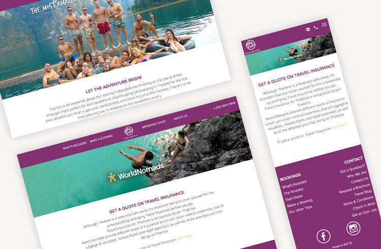Screenshots of Intro Travel's Travel Insurance landing page