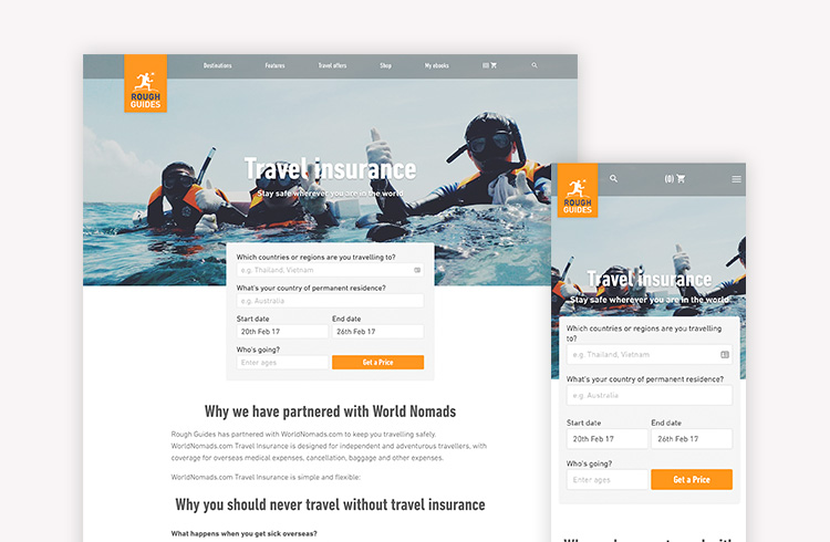 Screenshots of Rough Guides Travel Insurance landing page