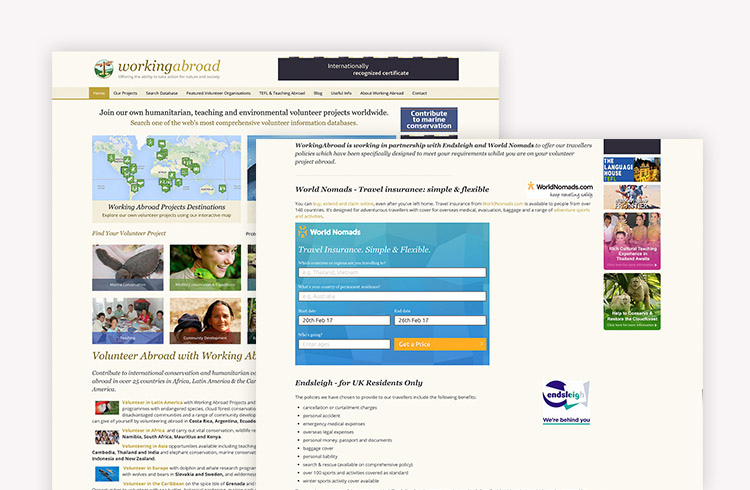 Screenshots of Working Abroad Travel Insurance landing page
