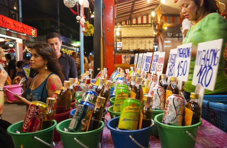 >Bucket drinks for sale in Koh Pha-Ngan, Thailand.