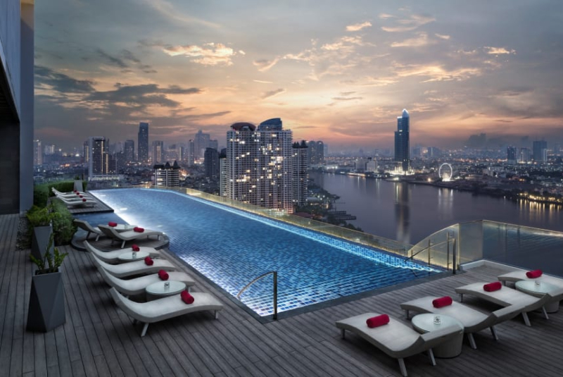 A rooftop pool overlooking a city in Thailand