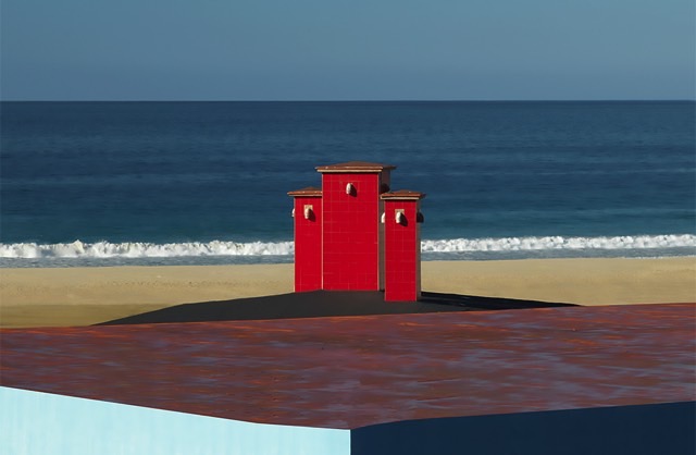 photograph of a red chimney in front of a beach