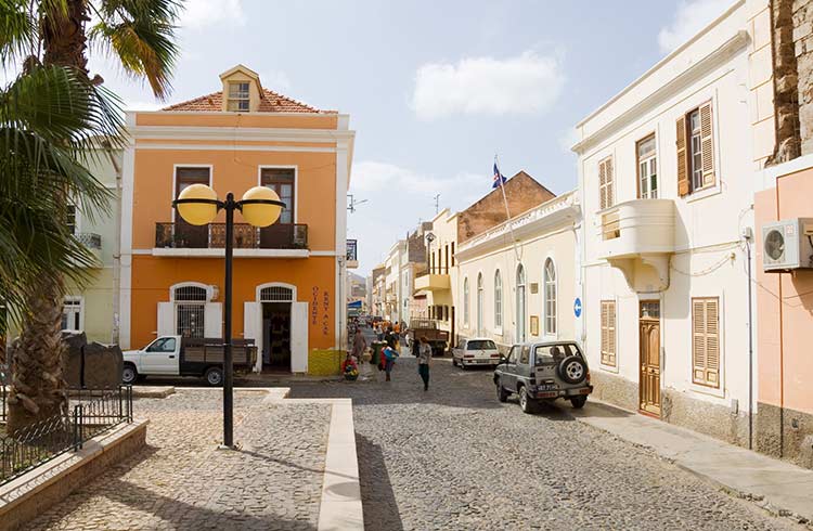 Colonial architecture on the cobblestoned streets of Mindelo, Cape Verde