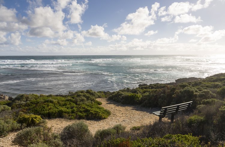 A bench looks out over the Indian Ocean along the Cape to Cape Walk in Western Australia.