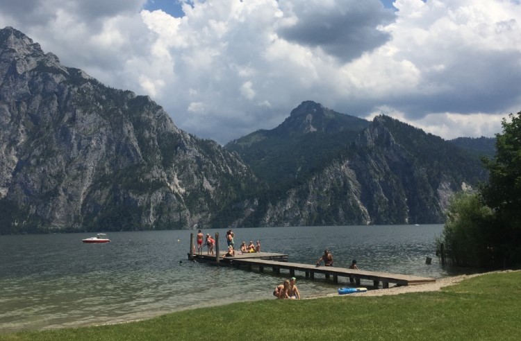 A bathing beach on Traunsee, an Alpine lake in lake in north-central Austria.