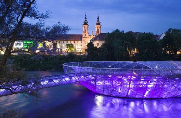 Murinsel, the artificual island/bar in the middle of the river in Graz, Austria.