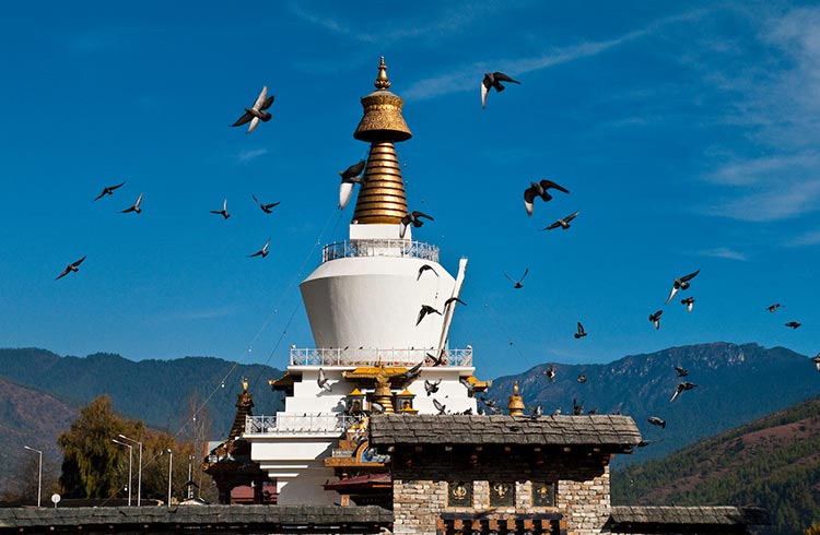 A white stupa with an ornate golden spire atop a Buddhist temple in Bhutan.