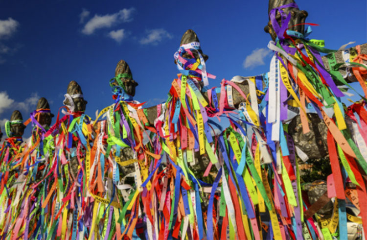 Colorful ribbons at the Washing of Bonfim Festival in Salvador, Brazil.