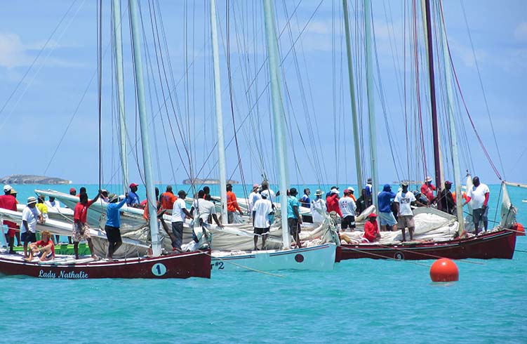 Locally built sailboats line up for The Bahamas' National Family Island Regatta.