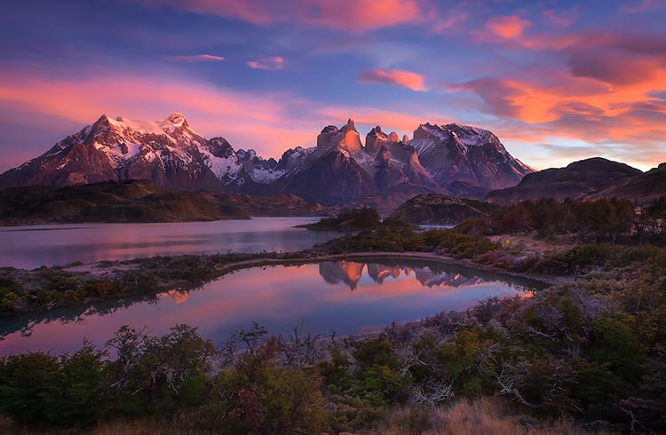 A beautiful pink and purple sunrise over Torres del Paine, Patagonia