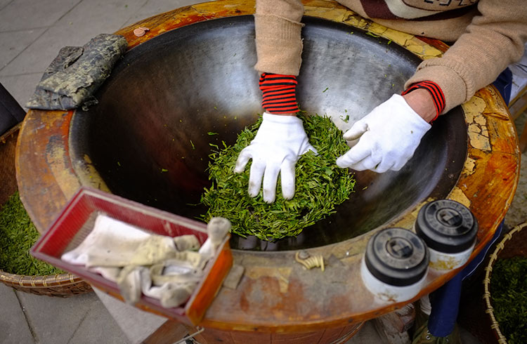 A person presses tea leaves in Longjing village, Hangzhou, Zhejiang