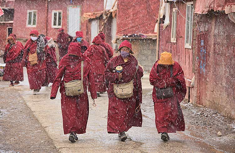 Monks walking the streets of Yarchen Gar during a snowstorm