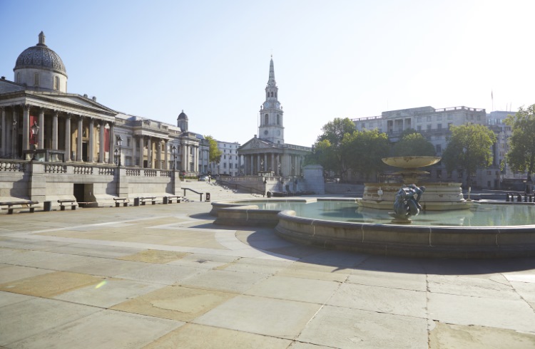 London's famous Trafalgar Square, empty of visitors.