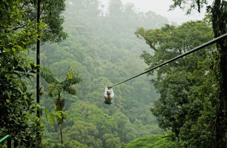 A woman rides a zip line through the cloud forest in Costa Rica.