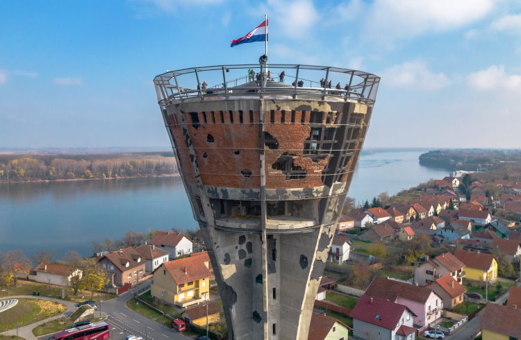 The heavily damaged water tower in Vukovar, eastern Croatia, a monument to the 1991 siege.