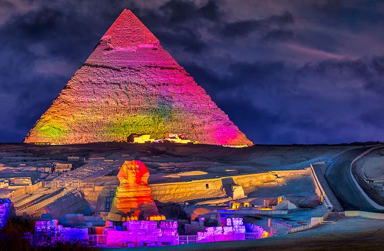 The Giza pyramids at night.