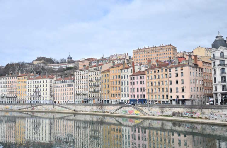 Historic buildings along the Rhone River in Lyon, France.