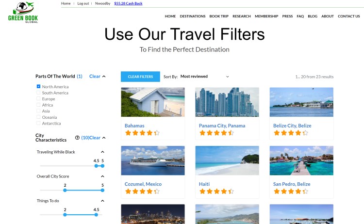 Green Book Global's website showing their travel filter.