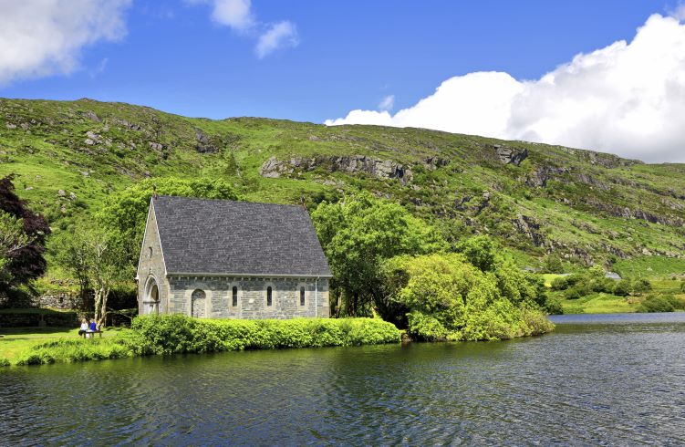 The monastery of St Finbar, at Gougane Barra lake in Ireland. 