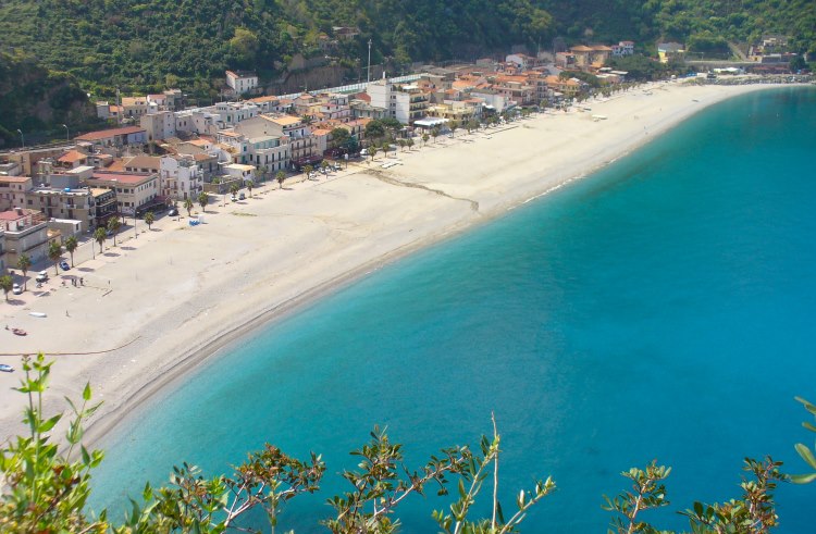 A broad, sandy beach in Scilla, on the Tyrrhenian coast of Calabria, Italy. 