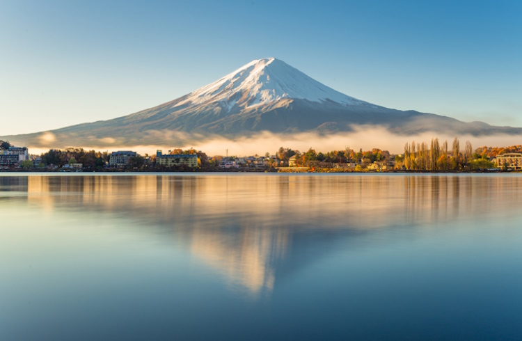Mount Fuji reflected in a lake on the island of Honshu, Japan.