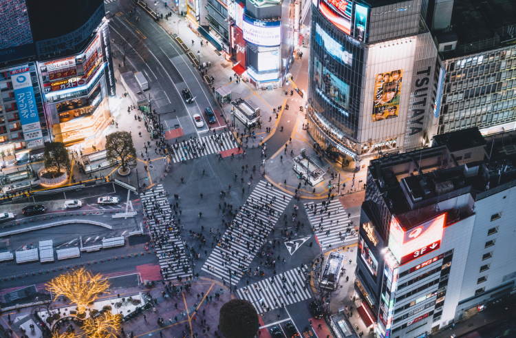 Overhead view of Tokyo's famous Shibuya Scramble crosswalk.