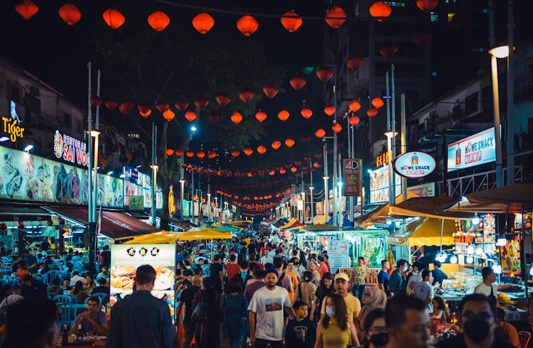 A busy night market in Kuala Lumpur, Malaysia.