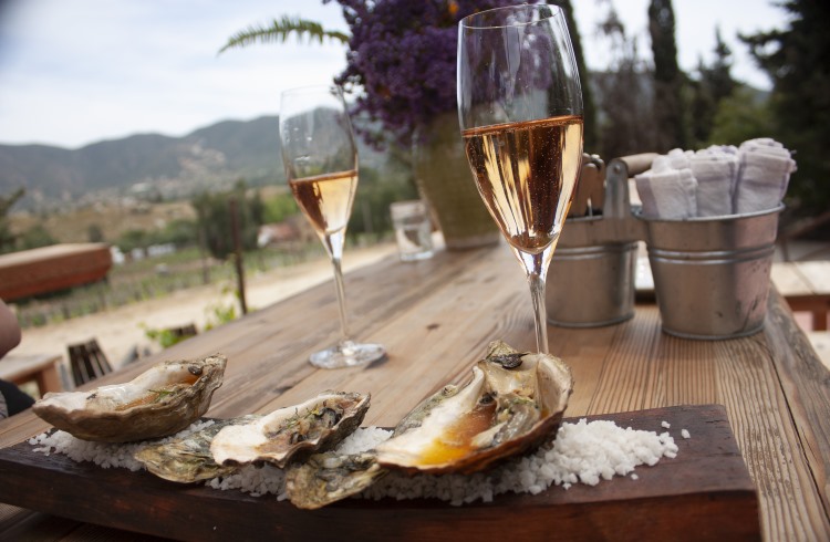 Grilled oysters paired with sparkling wine at a winery in Valle de Guadalupe, Mexico.
