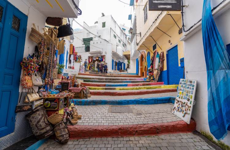 Steps lead through a whitewashed alley in Tangier's old medina.