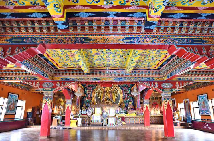 The vividly decorated interior of Kopan Monastery, Nepal.