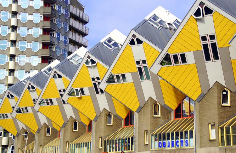 Futuristic yellow cube houses in Rotterdam, the Netherlands.