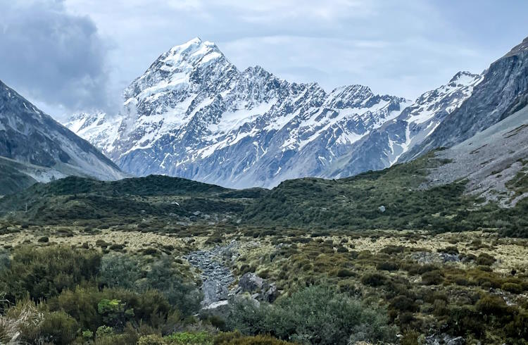 Snowy peaks above the Hooker Valley in Aoraki National Park, South Island, New Zealand.