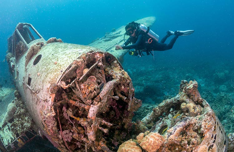 A scuba diver checks out a plane wreck near Koror, Palau