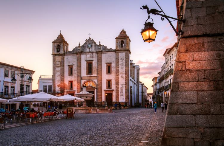The charming old town center of Evora, Portugal. 