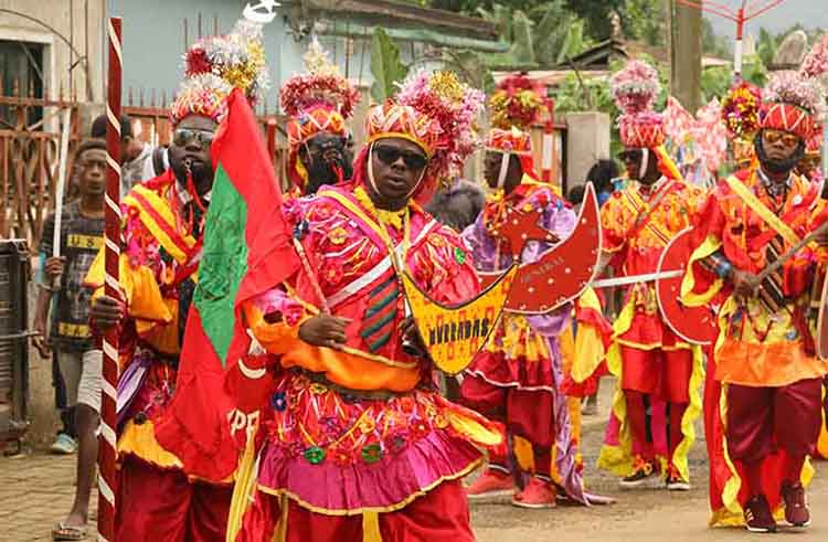 Colorful dancers at the Auto de Floripes festival in Principe's capital, Santo Antonio.