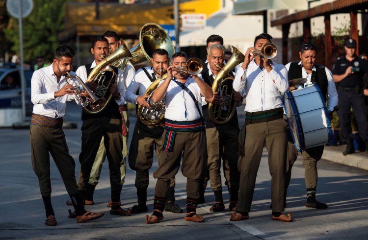 A brass band plays at the traditional trumet festival in Guča, Serbia.