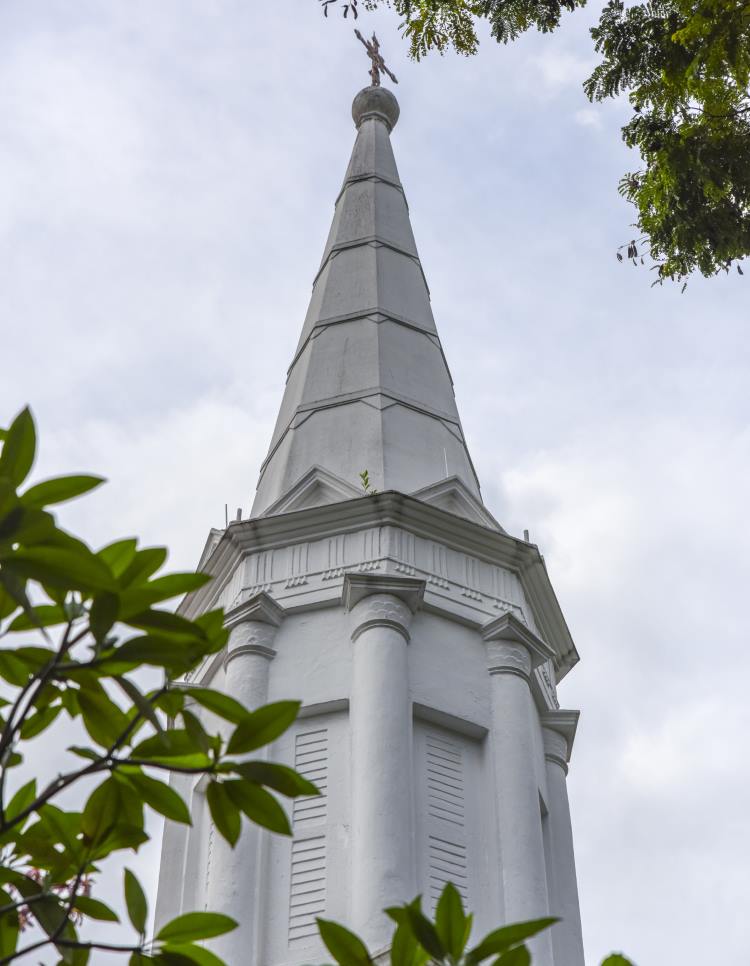 The lofty spire of the Armenian Apostolic Church of St Gregory the Illuminator in Singapore.