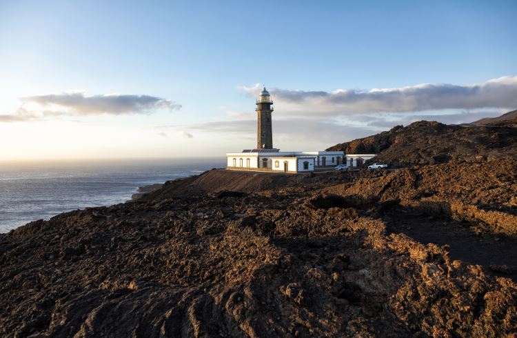 Orchilla Lighthouse, on the edge of a tall cliff on El Hierro, Canary Islands, Spain.