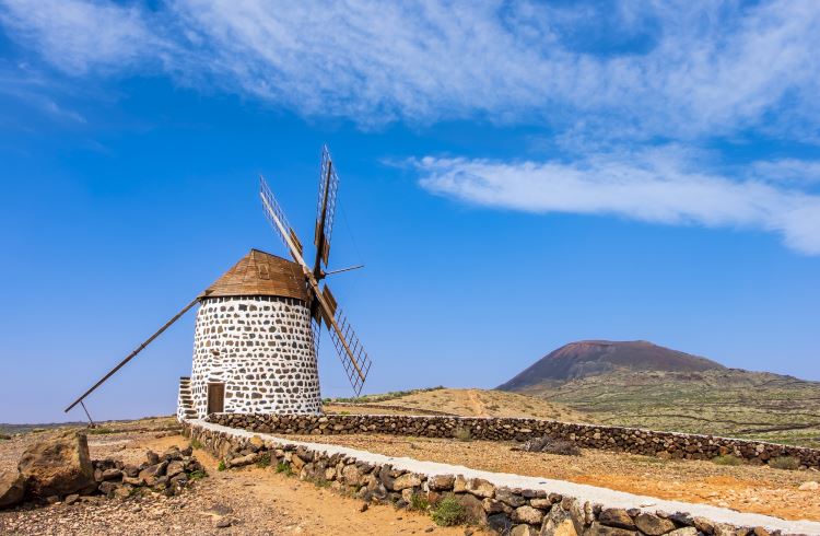 An historic stone windmill on Fuerteventura, Canary Islands, Spain.