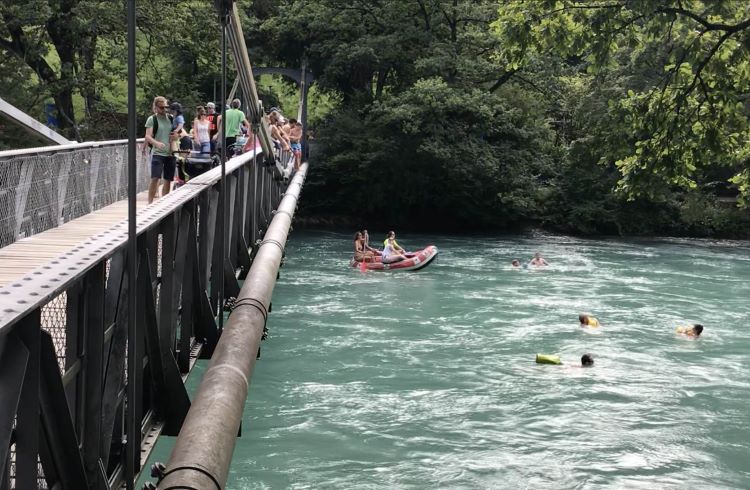 Swimmers float the River Aare in Bern, Switzerland.